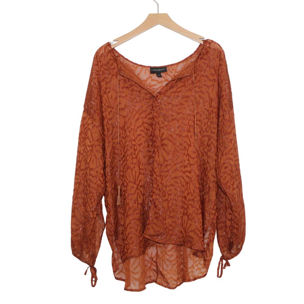 Lane Bryant women's blouse size 18/20 orange sheer embroidered bubble sleeve